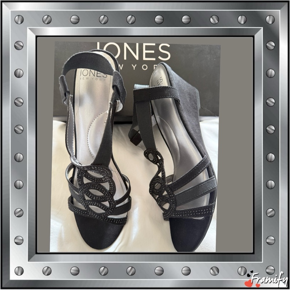 Jones New York Black Strappy Wedge Heels